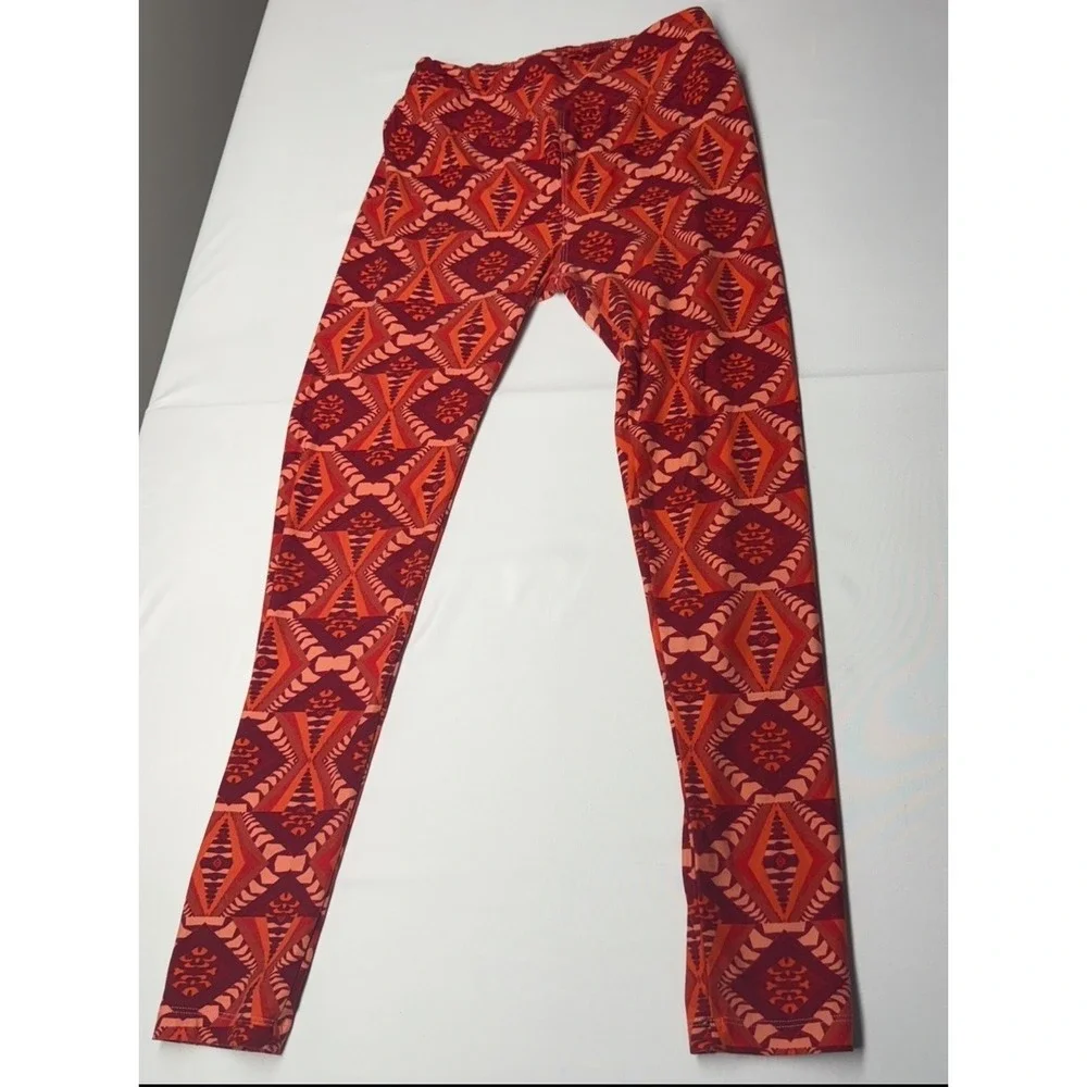LuLaRoe One‎ Size Leggings Geometric Print Burgundy Orange Women Retro Bohemian - Picture 2 of 9